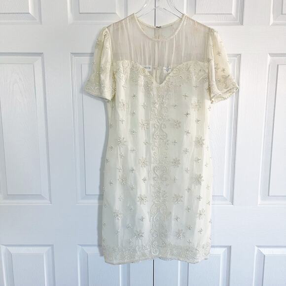 Night Vogue Vintage Ivory Silk Floral Beaded Sheath Dress - Picture 1 of 9